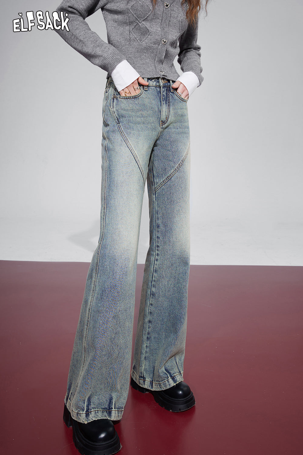 ELFSACK 2000s Korean Fashion Flared Trousers Women 2023 Winter New Designer Luxury Jeans