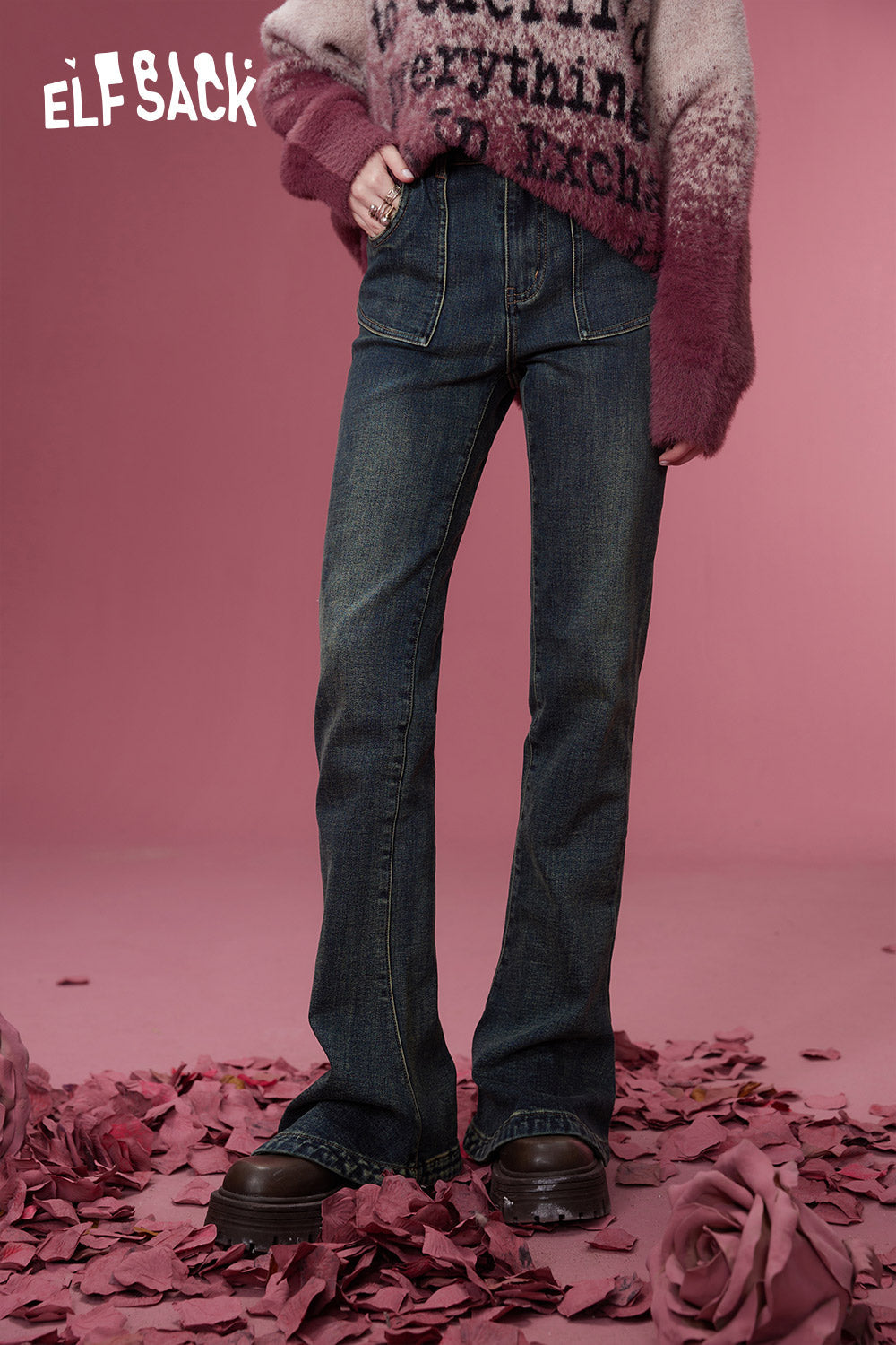ELFSACK Korean Fashion Flared Trousers Women 2023 Winter Slim High Waist Retro Luxury Jeans