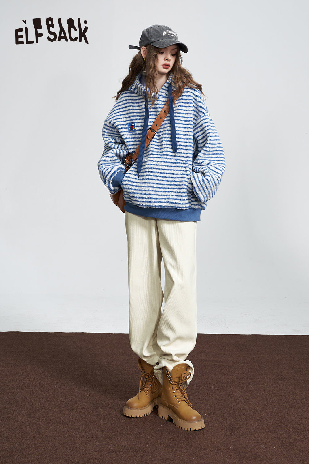 ELFSACK Corduroy White Warm Pants Women High Waist Casual Daily Trousers