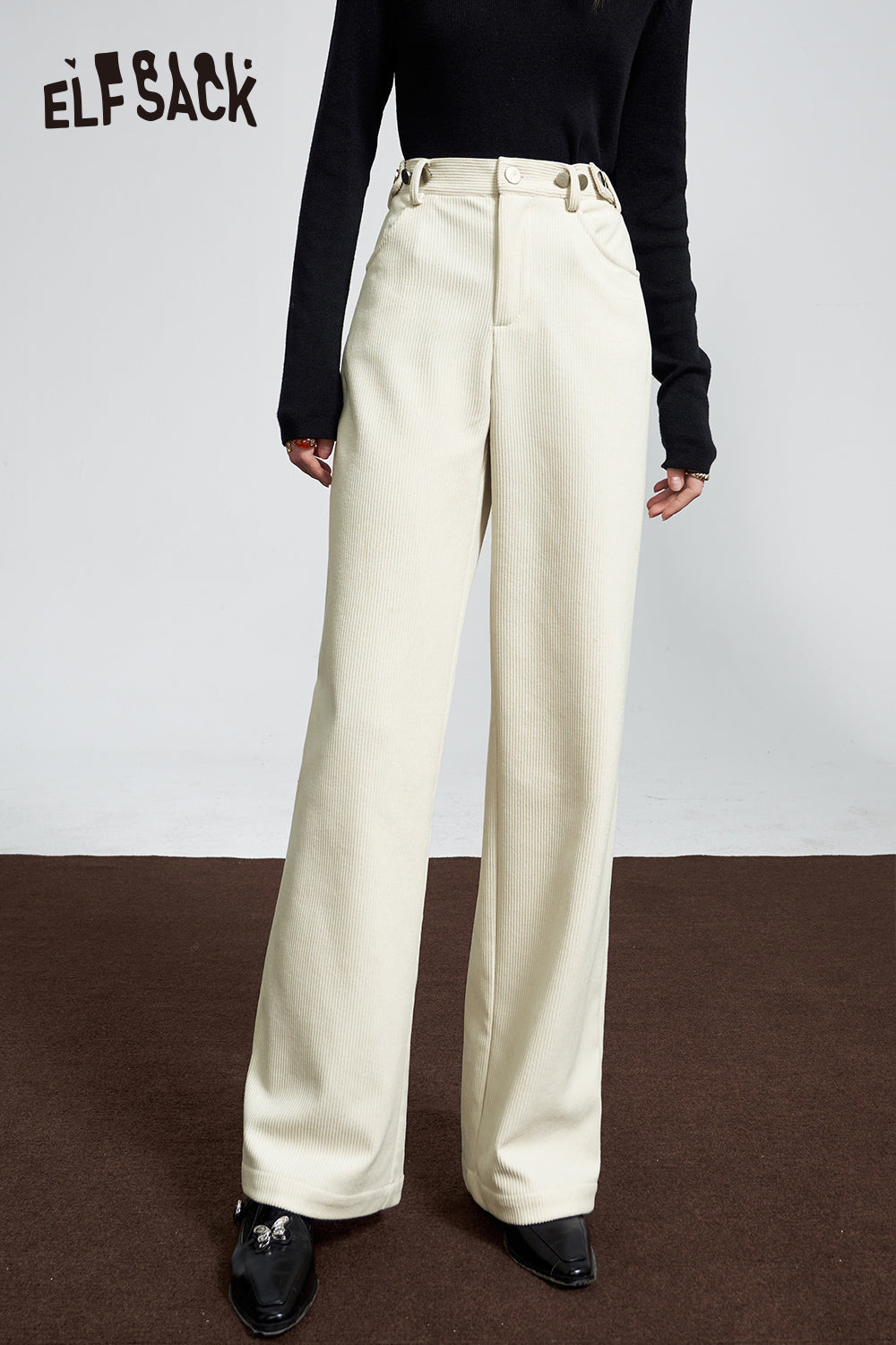 ELFSACK Corduroy White Warm Pants Women High Waist Casual Daily Trousers