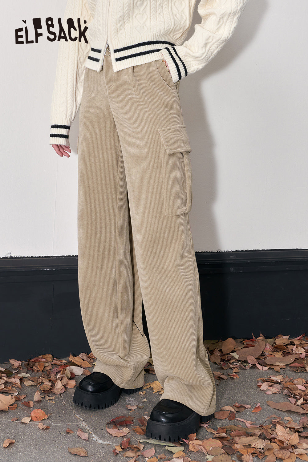 ELFSACK Kpop Corduroy Cargo Pants Women Straught Cool Trousers