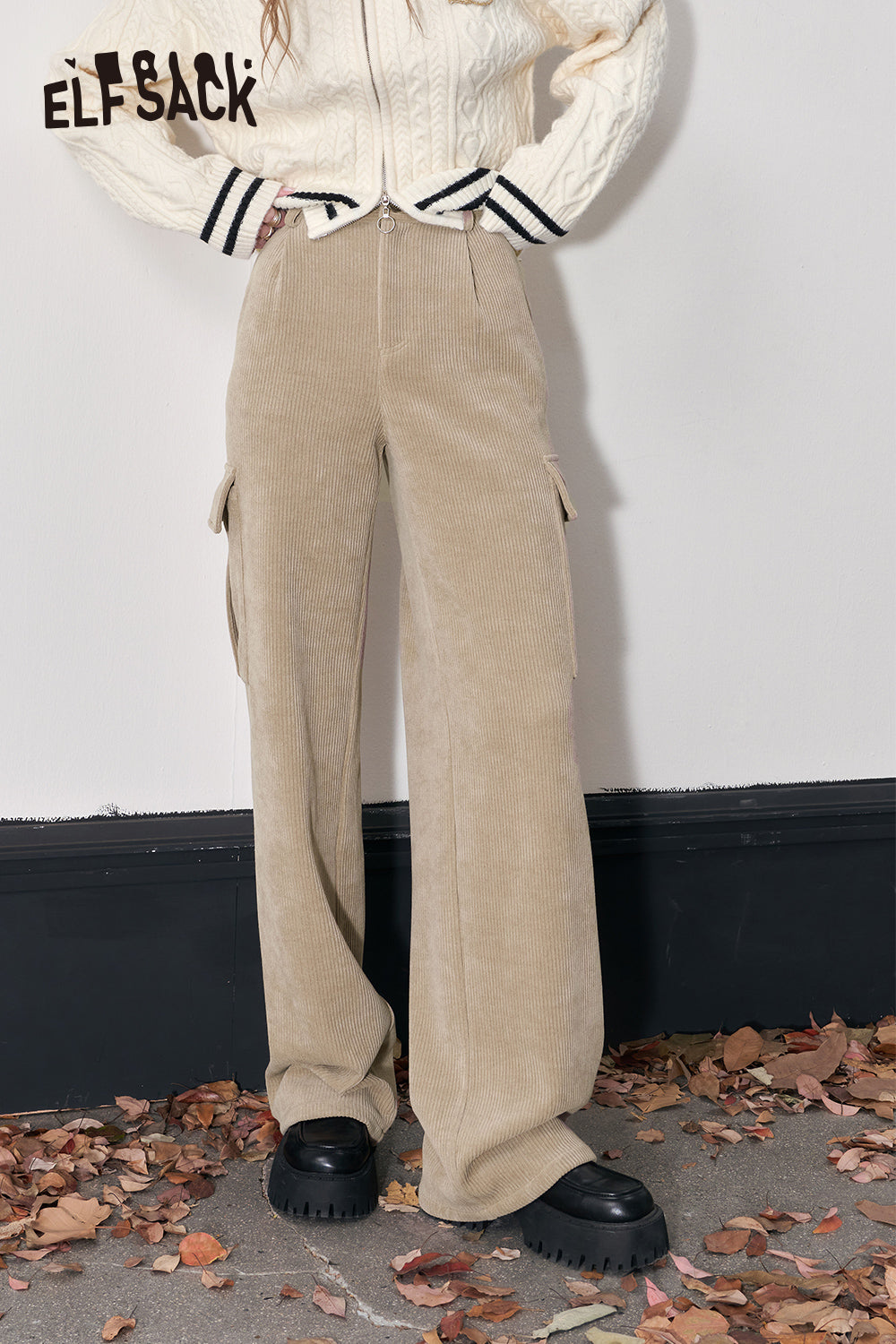 ELFSACK Kpop Corduroy Cargo Pants Women Straught Cool Trousers