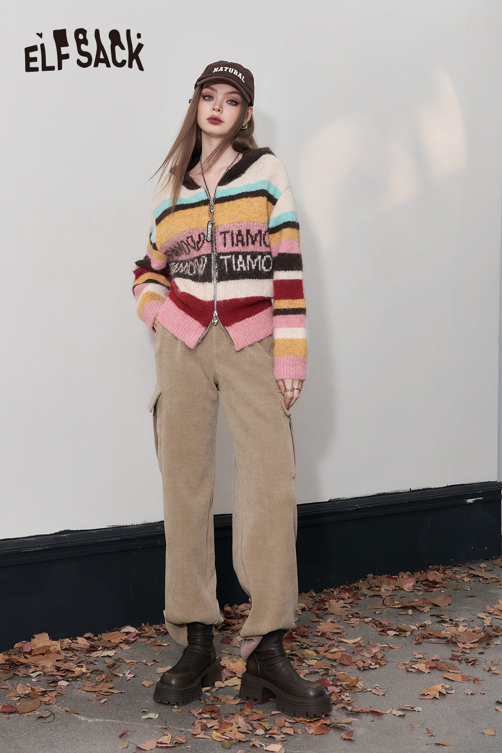 ELFSACK Kpop Corduroy Cargo Pants Women Straught Cool Trousers