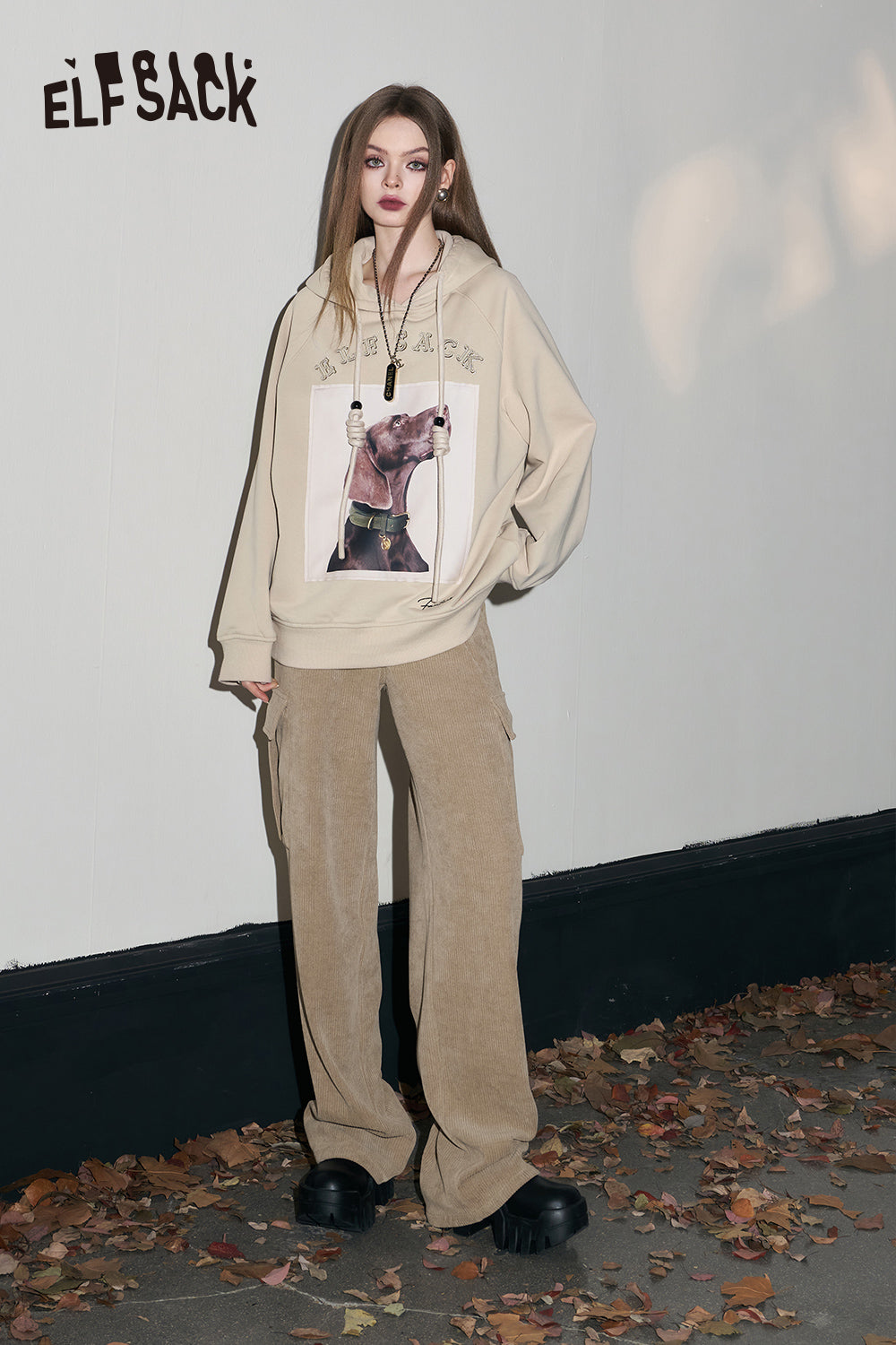 ELFSACK Kpop Corduroy Cargo Pants Women Straught Cool Trousers