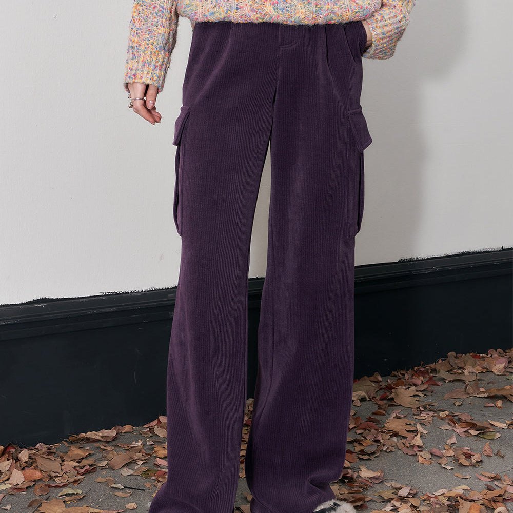 ELFSACK Kpop Corduroy Cargo Pants Women 2023 Winter Straught Cool Trousers