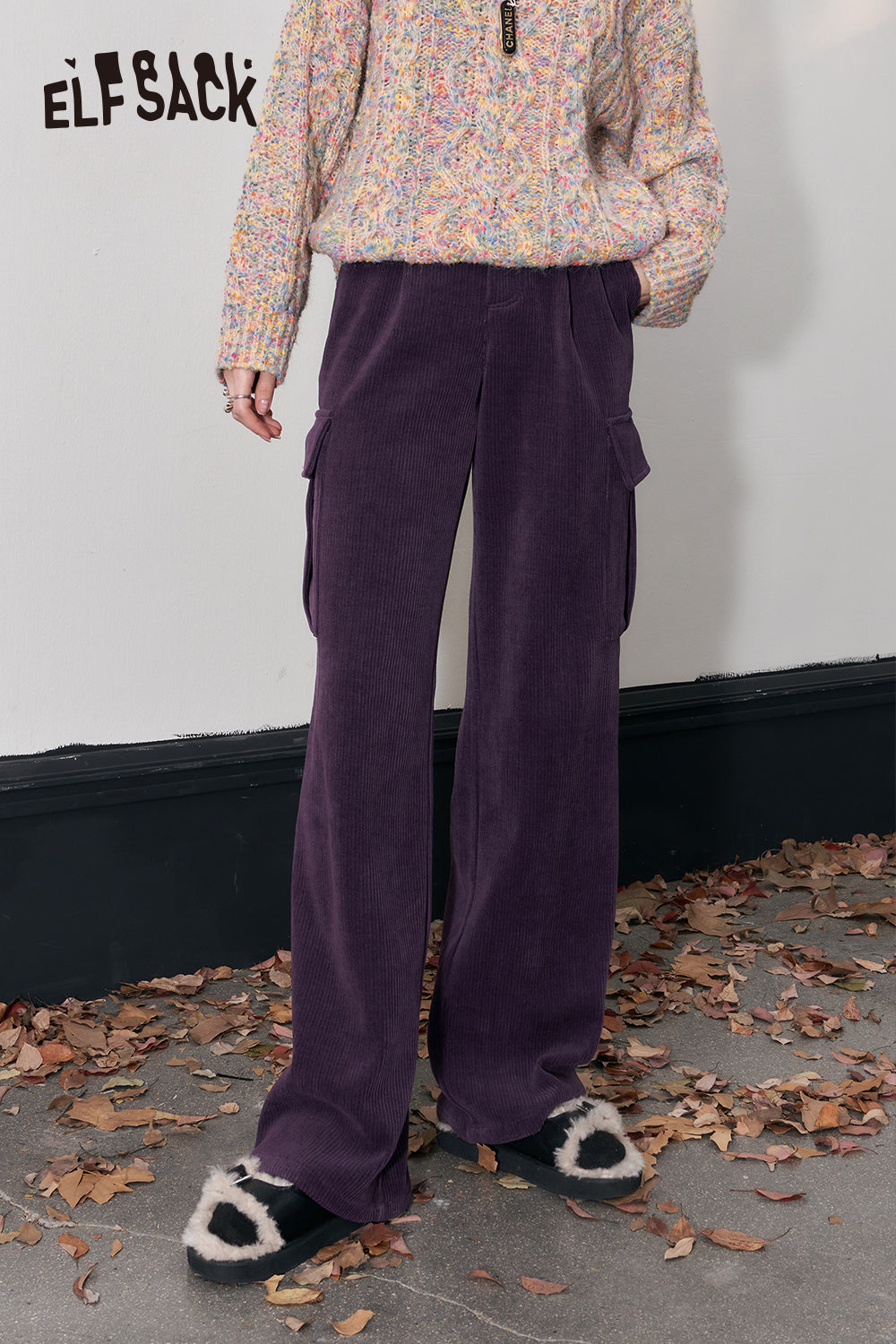 ELFSACK Kpop Corduroy Cargo Pants Women Straught Cool Trousers