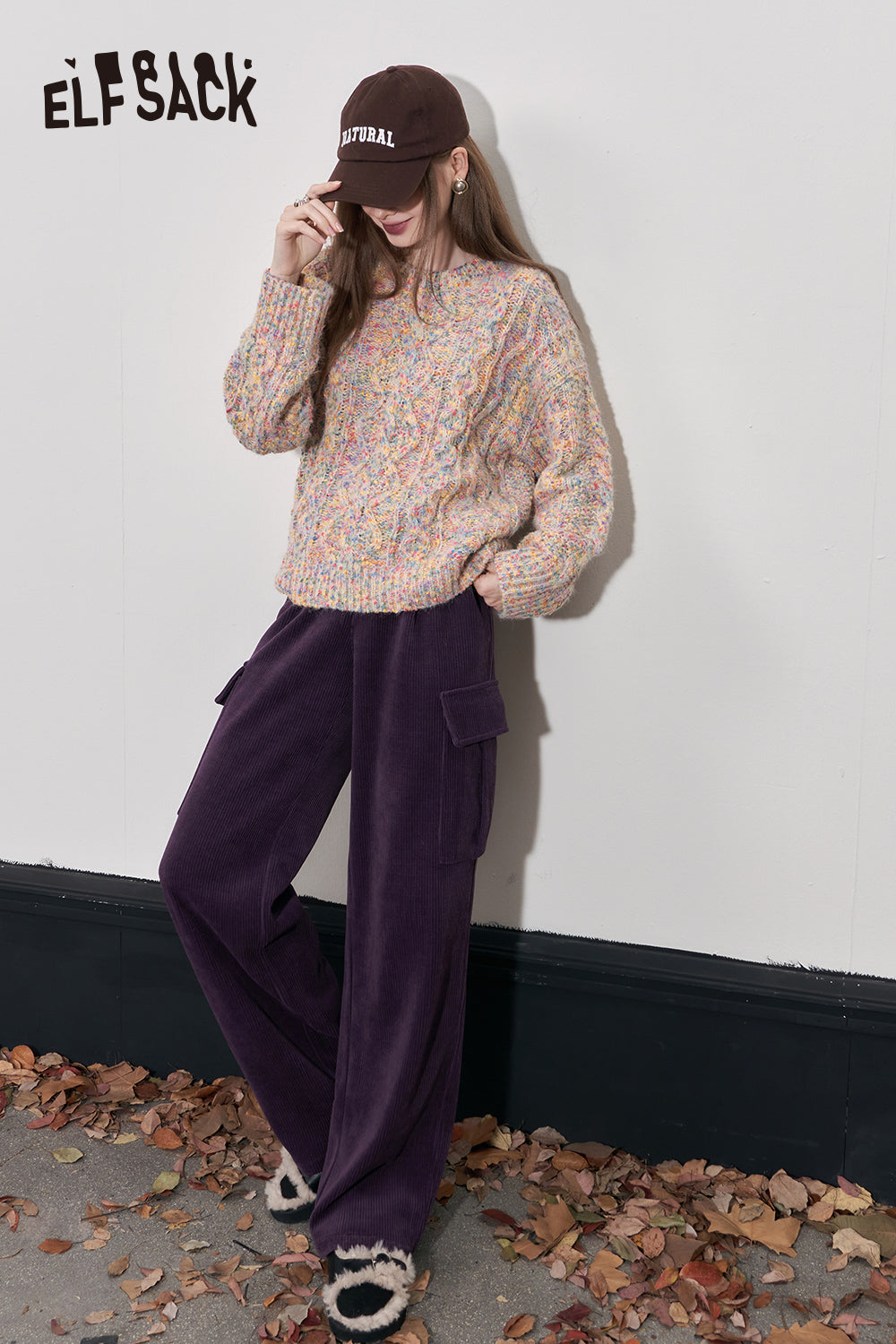 ELFSACK Kpop Corduroy Cargo Pants Women Straught Cool Trousers