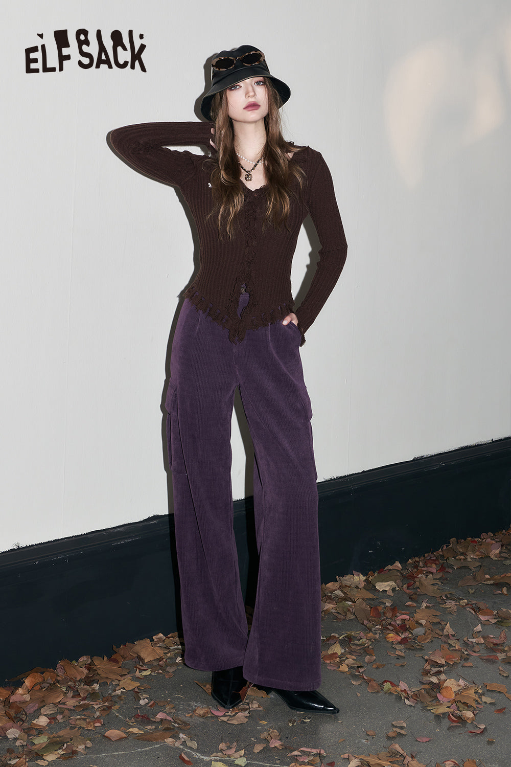 ELFSACK Kpop Corduroy Cargo Pants Women Straught Cool Trousers