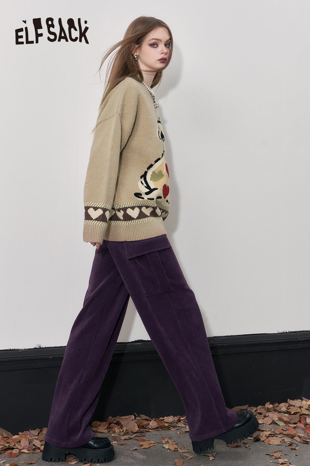 ELFSACK Kpop Corduroy Cargo Pants Women Straught Cool Trousers