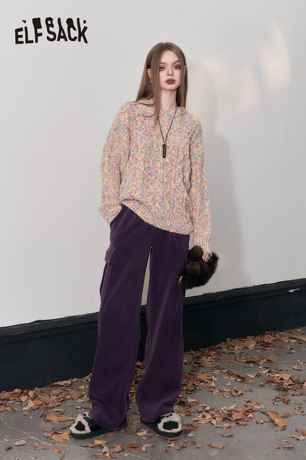 ELFSACK Kpop Corduroy Cargo Pants Women Straught Cool Trousers
