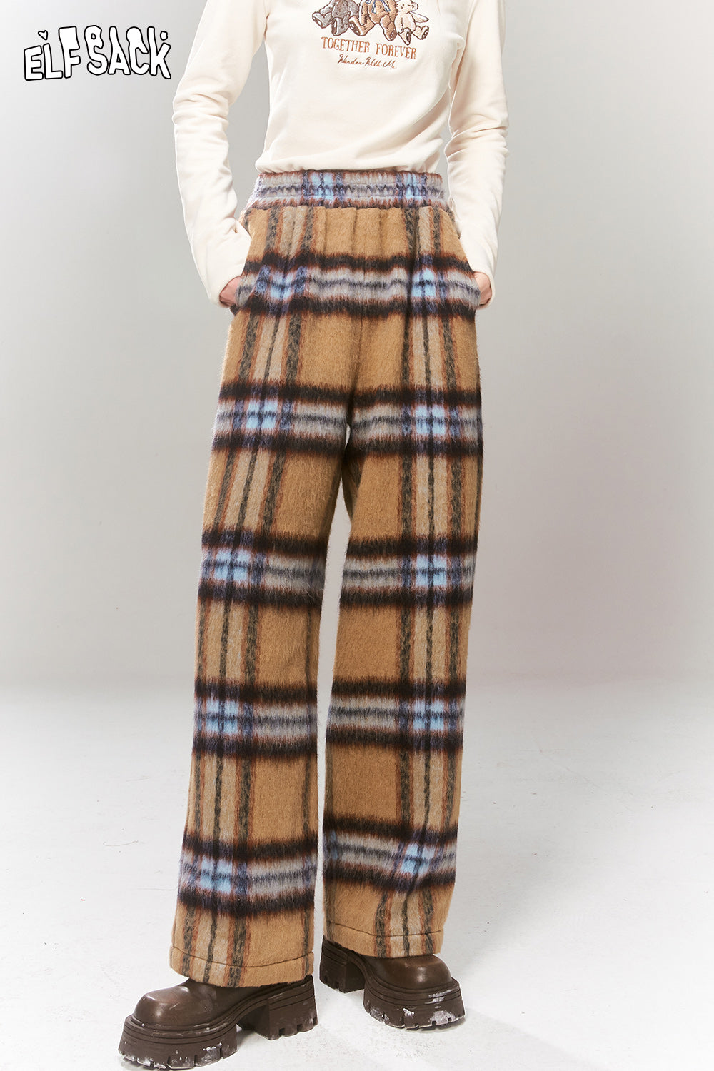 ELFSACK 2000s Plaid Straight Pants Women 2023 Winter New Retro Korean Fashion High Waist Designer Trousers