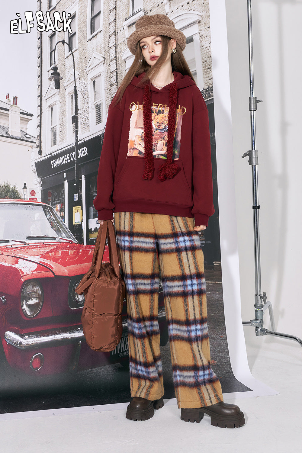 ELFSACK 2000s Plaid Straight Pants Women 2023 Winter New Retro Korean Fashion High Waist Designer Trousers