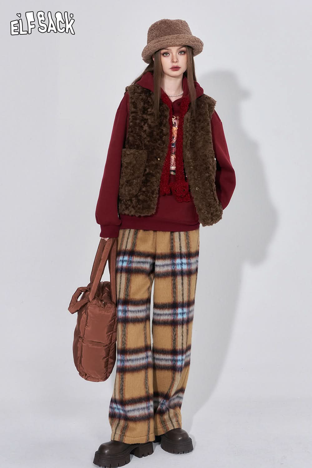 ELFSACK 2000s Plaid Straight Pants Women Retro Korean Fashion High Waist Designer Trousers