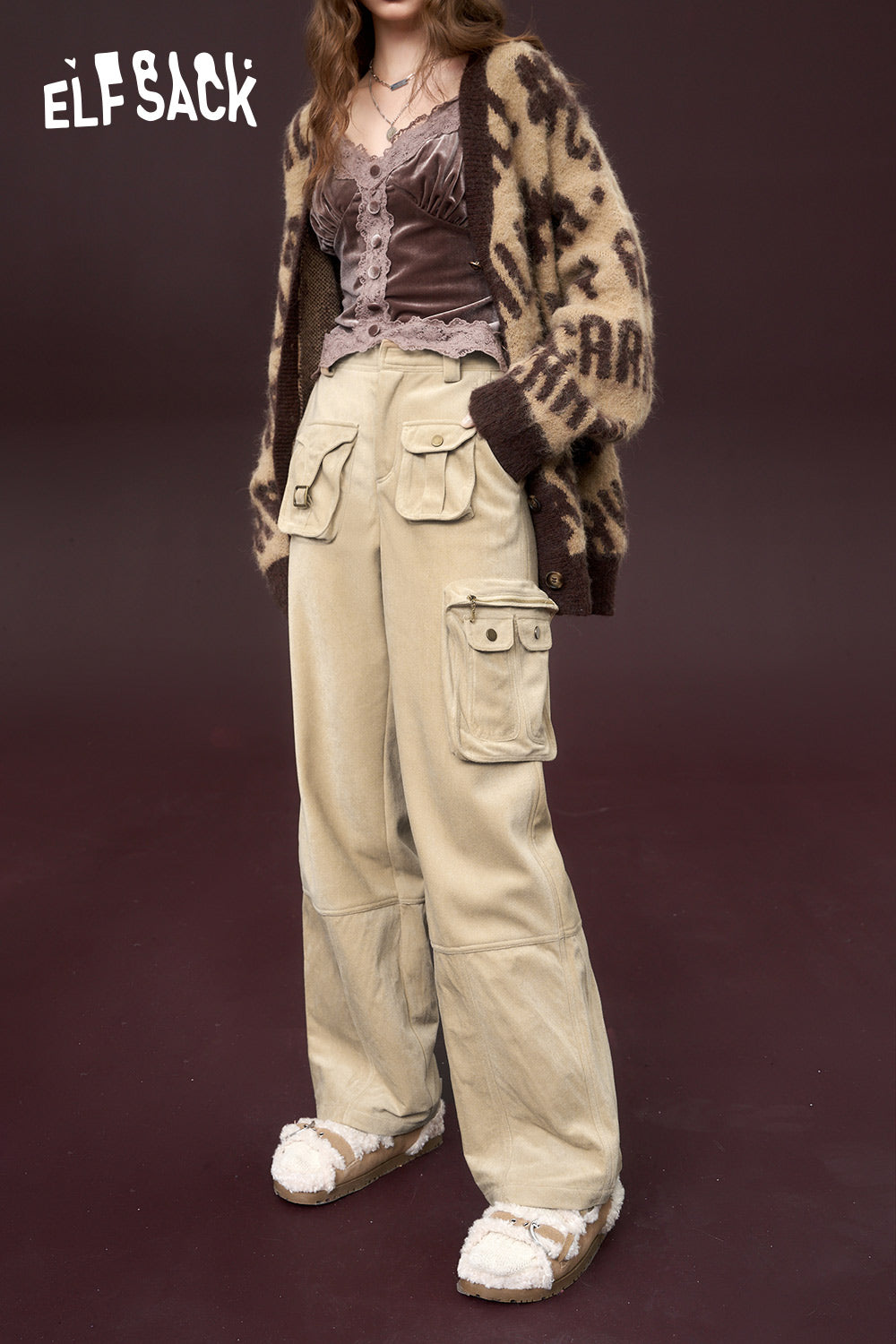 ELFSACK Wide Cargo Pants Women High Waist Dressy Casual Trousers