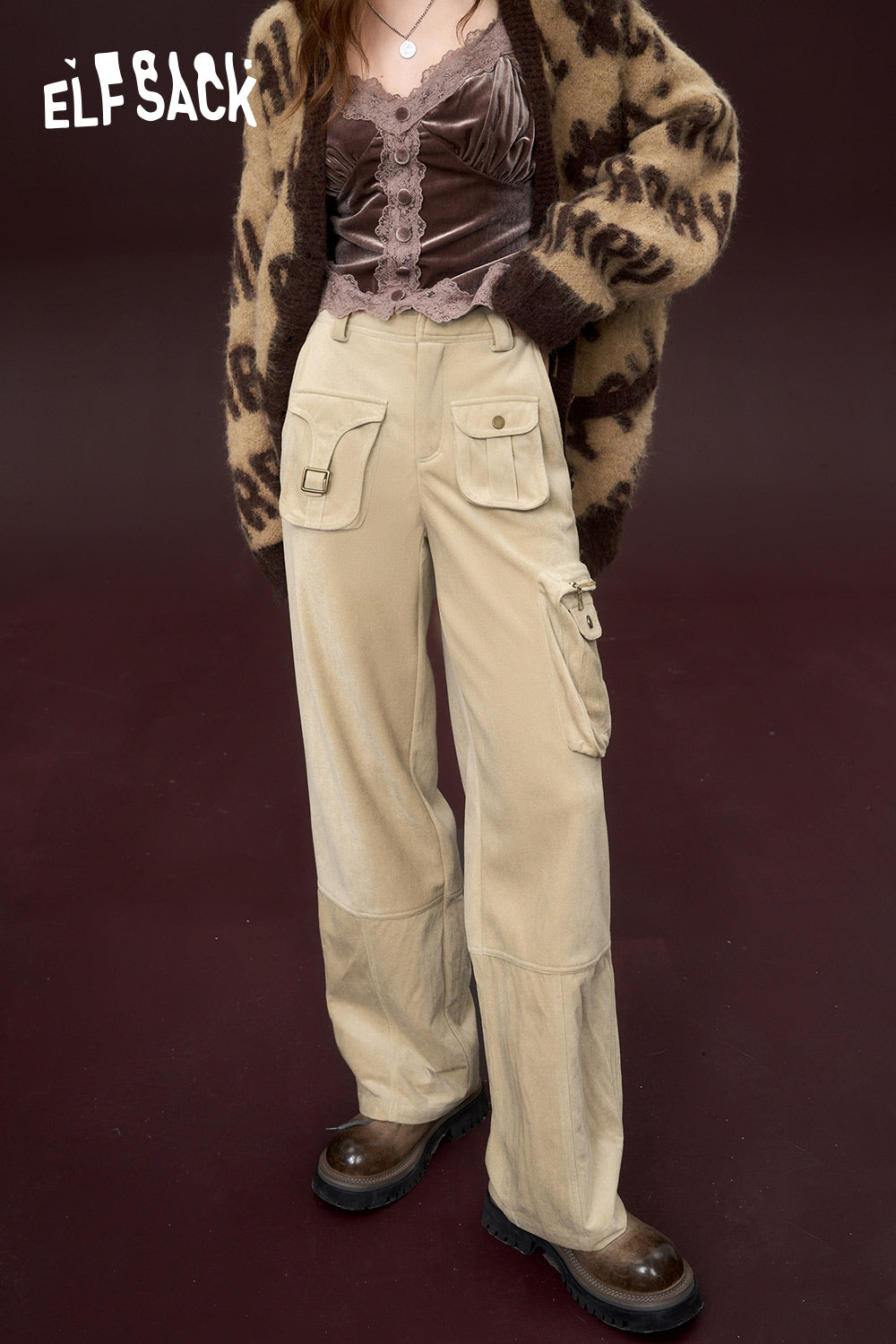 ELFSACK Wide Cargo Pants Women High Waist Dressy Casual Trousers