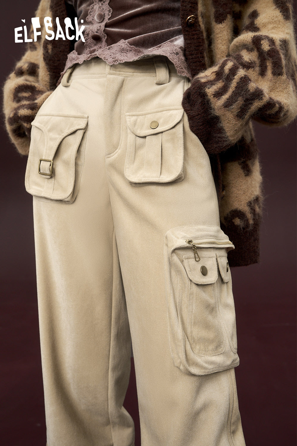 ELFSACK Wide Cargo Pants Women High Waist Dressy Casual Trousers