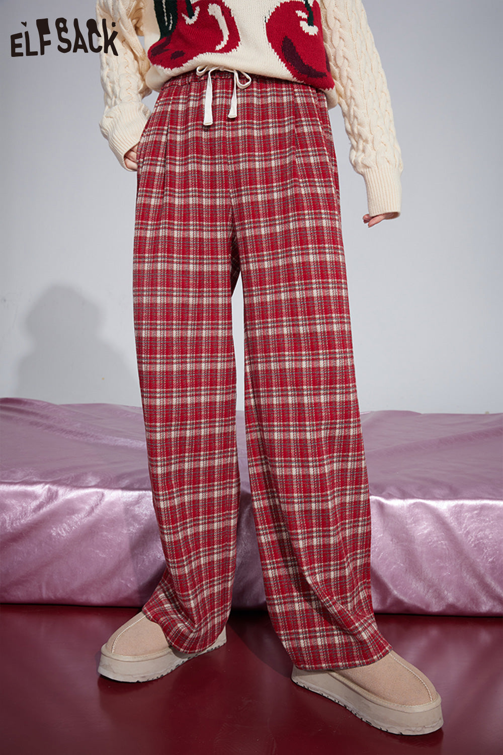 ELFSACK Christmas Red Plaid Straight Pants Women 2023 Winter New Korean Fashion Plus Size Trousers