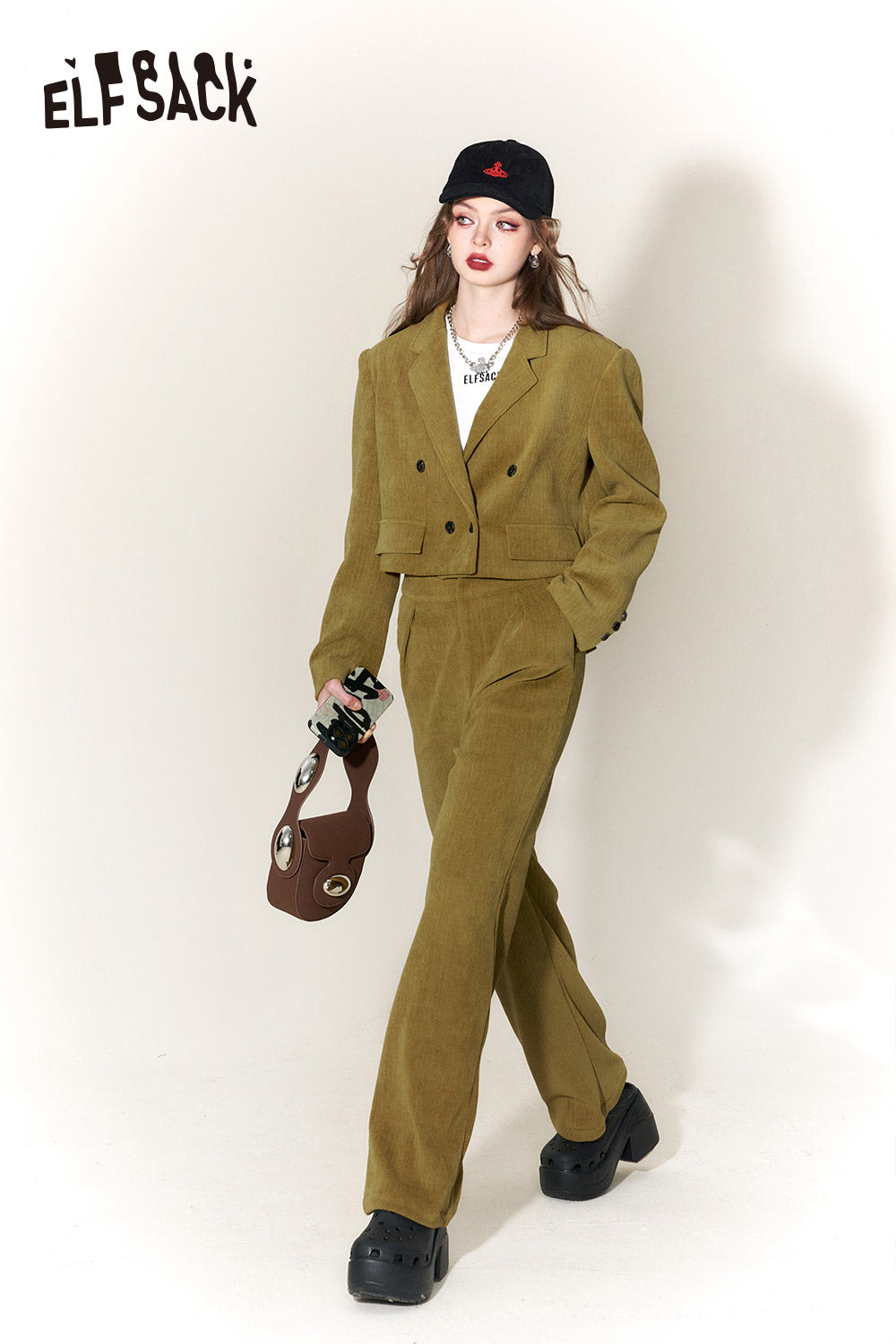 ELFSACK Chenille Pants Sets Women High Waist Elegant Designer Trousers