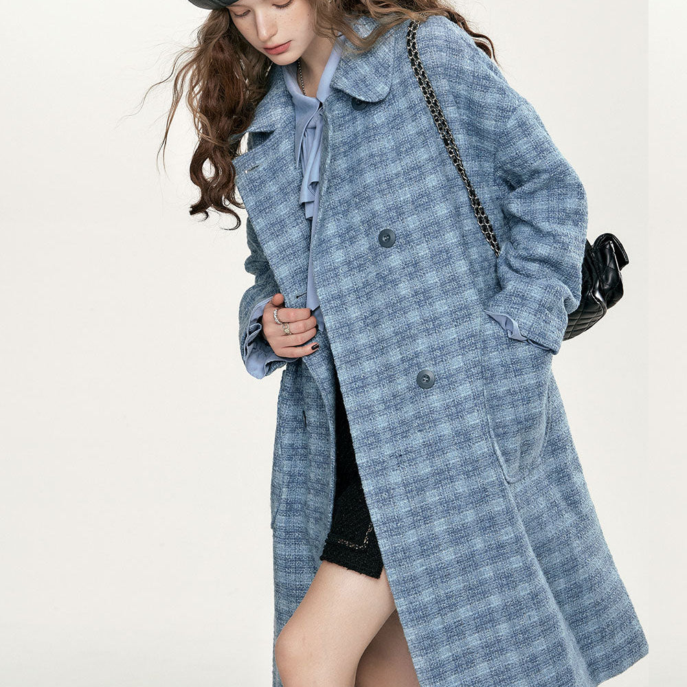 ELFSACK Blue Vintage Plaid Coats Women 2023 Autumn/Winter Academic Style Mid-length Outwears