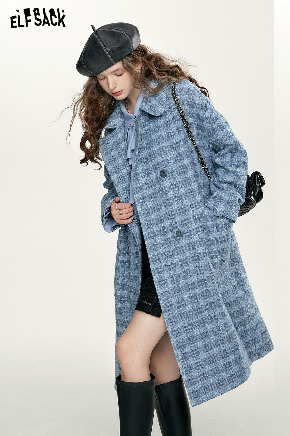 ELFSACK Blue Vintage Plaid Coats Women Academic Style Mid-length Outwears