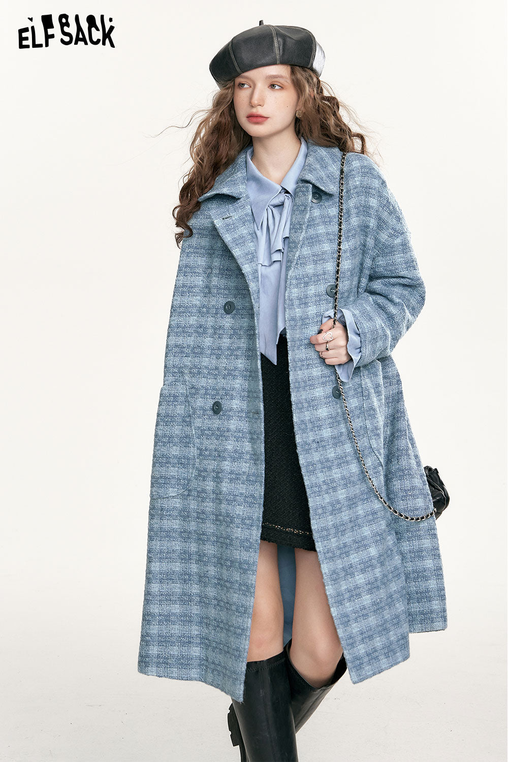 ELFSACK Blue Vintage Plaid Coats Women Academic Style Mid-length Outwears