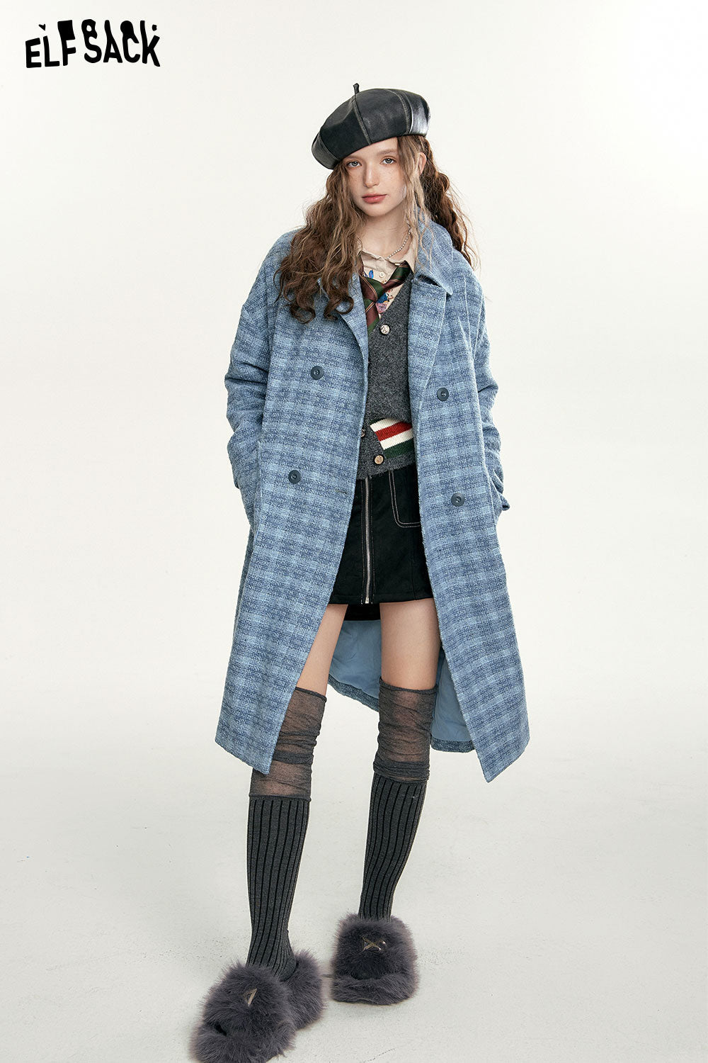 ELFSACK Blue Vintage Plaid Coats Women Academic Style Mid-length Outwears