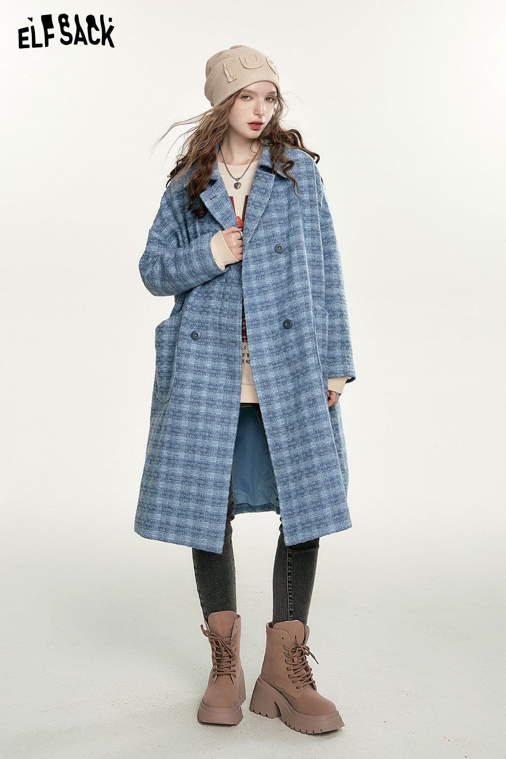 ELFSACK Blue Vintage Plaid Coats Women Academic Style Mid-length Outwears