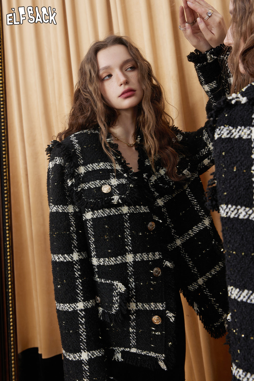 
                  
                    ELFSACK Loose Fit Tweed Coat with Elegant Plaid Woolen Top
                  
                