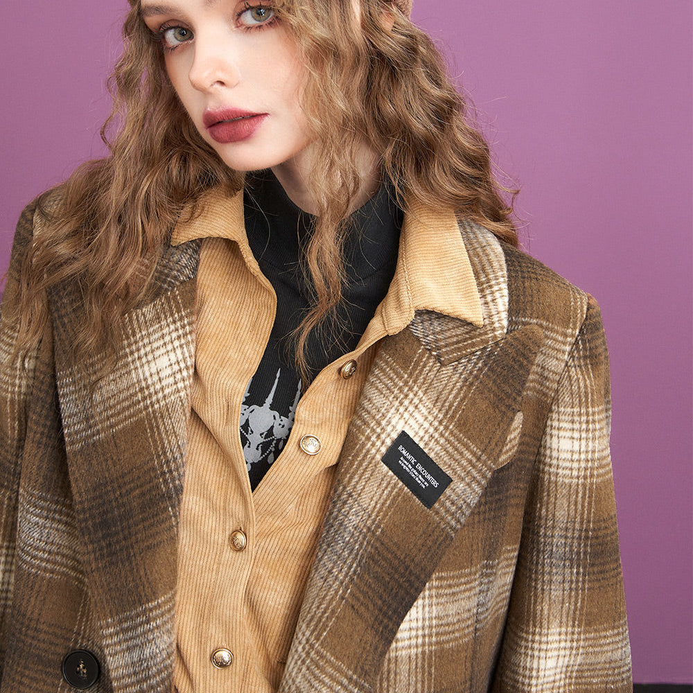 ELFSACK Vintage Plaid Coats Women 2023 Winter Elegant Mid-length Outwears
