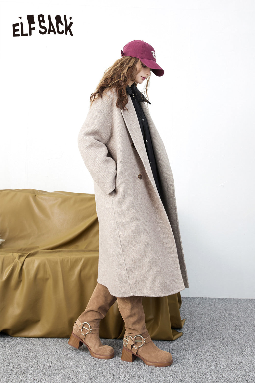 ELFSACK Solid Pure Casual Oversize Wool Coats Women 2023 Winte Long Sleeve Warm Outwear