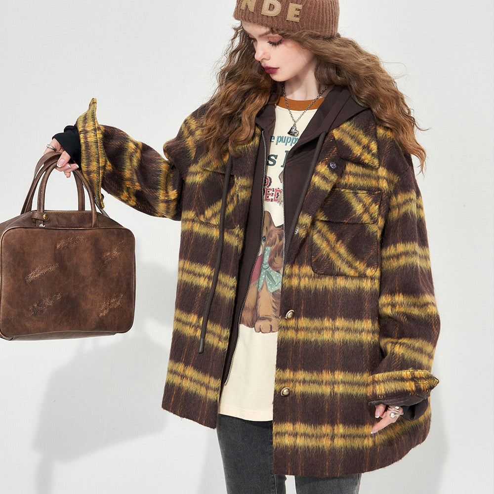 ELFSACK Hooded Vintage Plaid Coats Women 2023 Winter Elegant Casual Outwears