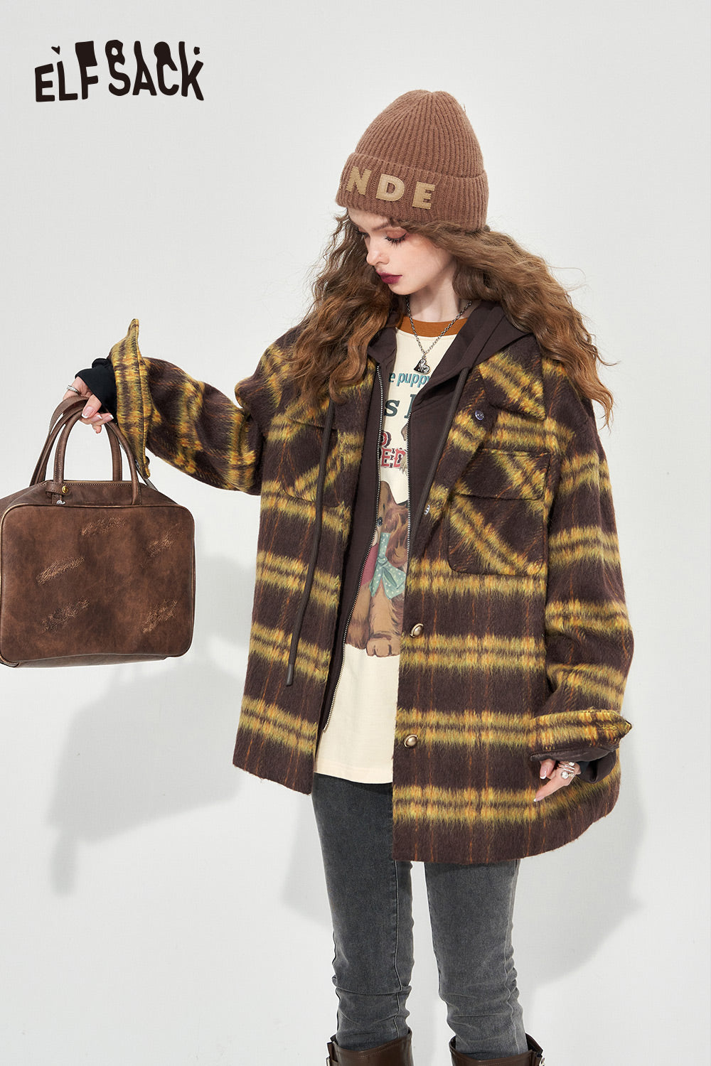 ELFSACK Hooded Vintage Plaid Coats Women 2023 Winter Elegant Casual Outwears