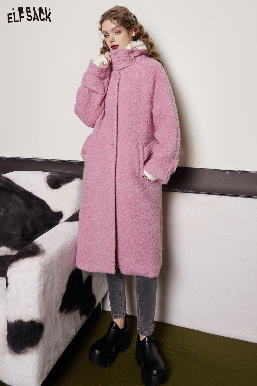 ELFSACK Pink Warm Wool Coats Women Sweety Loose Long Outwears