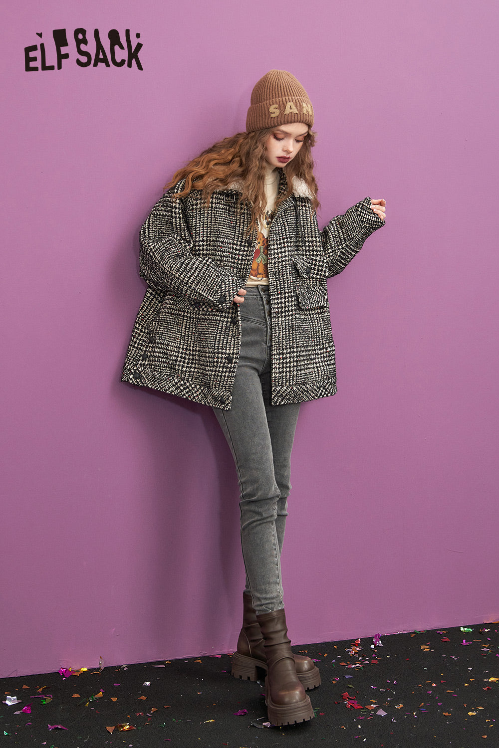 
                  
                    ELFSACK Tweed Vintage Plaid Coats Women 2023 Winter Warm Outwears
                  
                