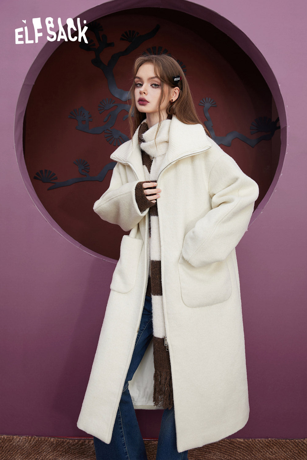 ELFSACK White Lambs Wool Coats Women 2023 Winter Warm Loose Mid-Length Outwears