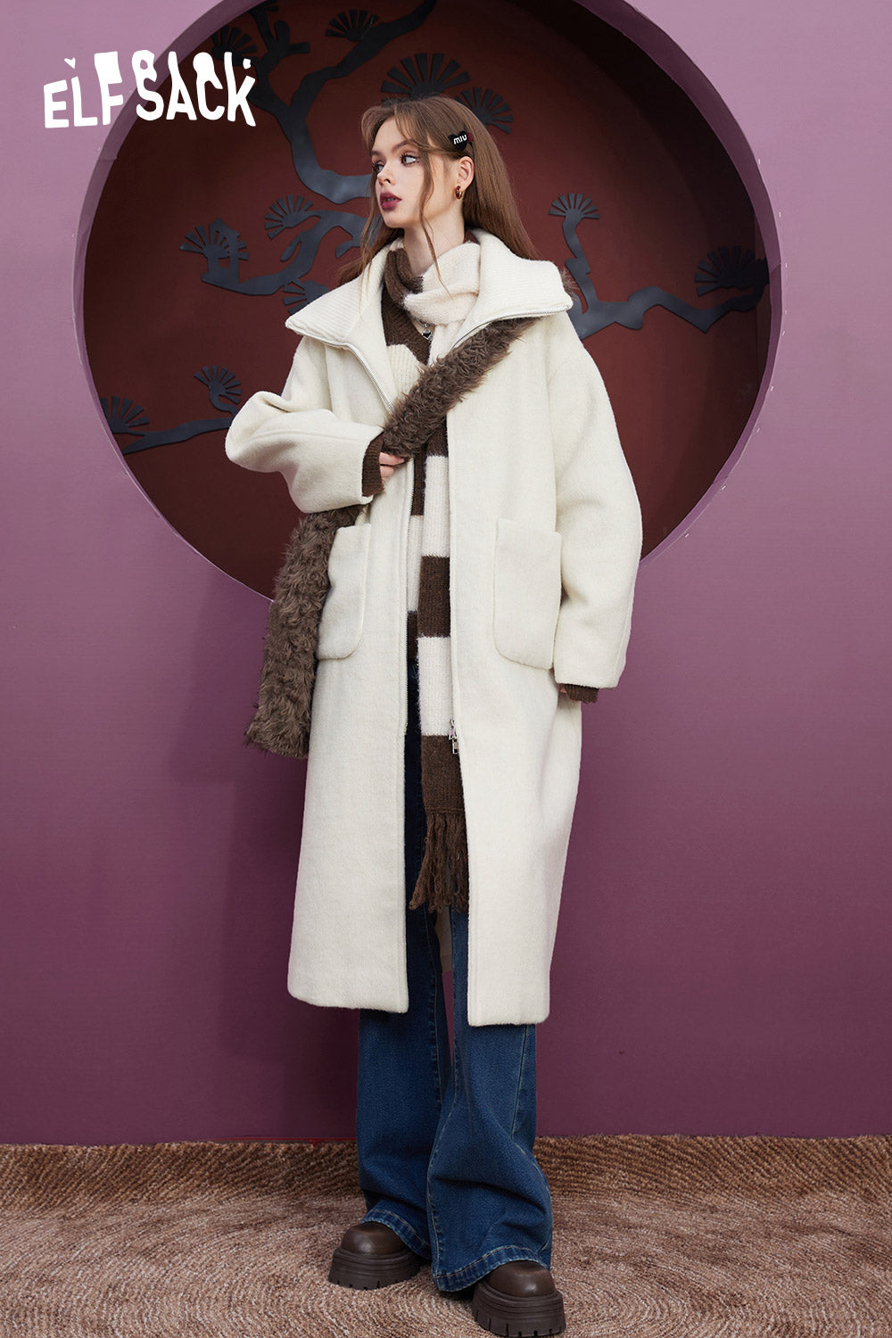 
                  
                    ELFSACK White Lambs Wool Coats Women 2023 Winter Warm Loose Mid-Length Outwears
                  
                