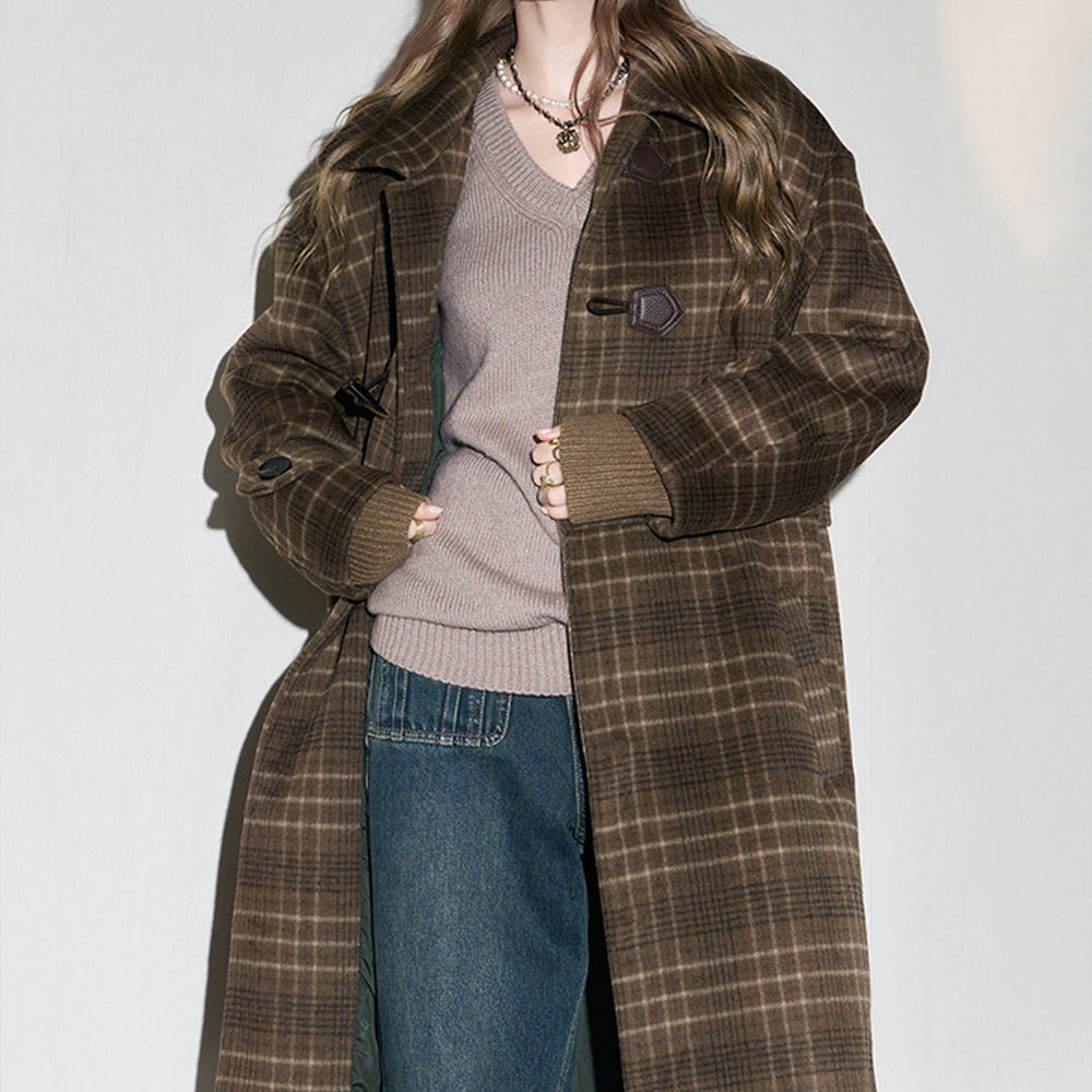 ELFSACK Retro Plaid Warm Wool Coats Women 2023 Winter Korean Fashion Long Outwears