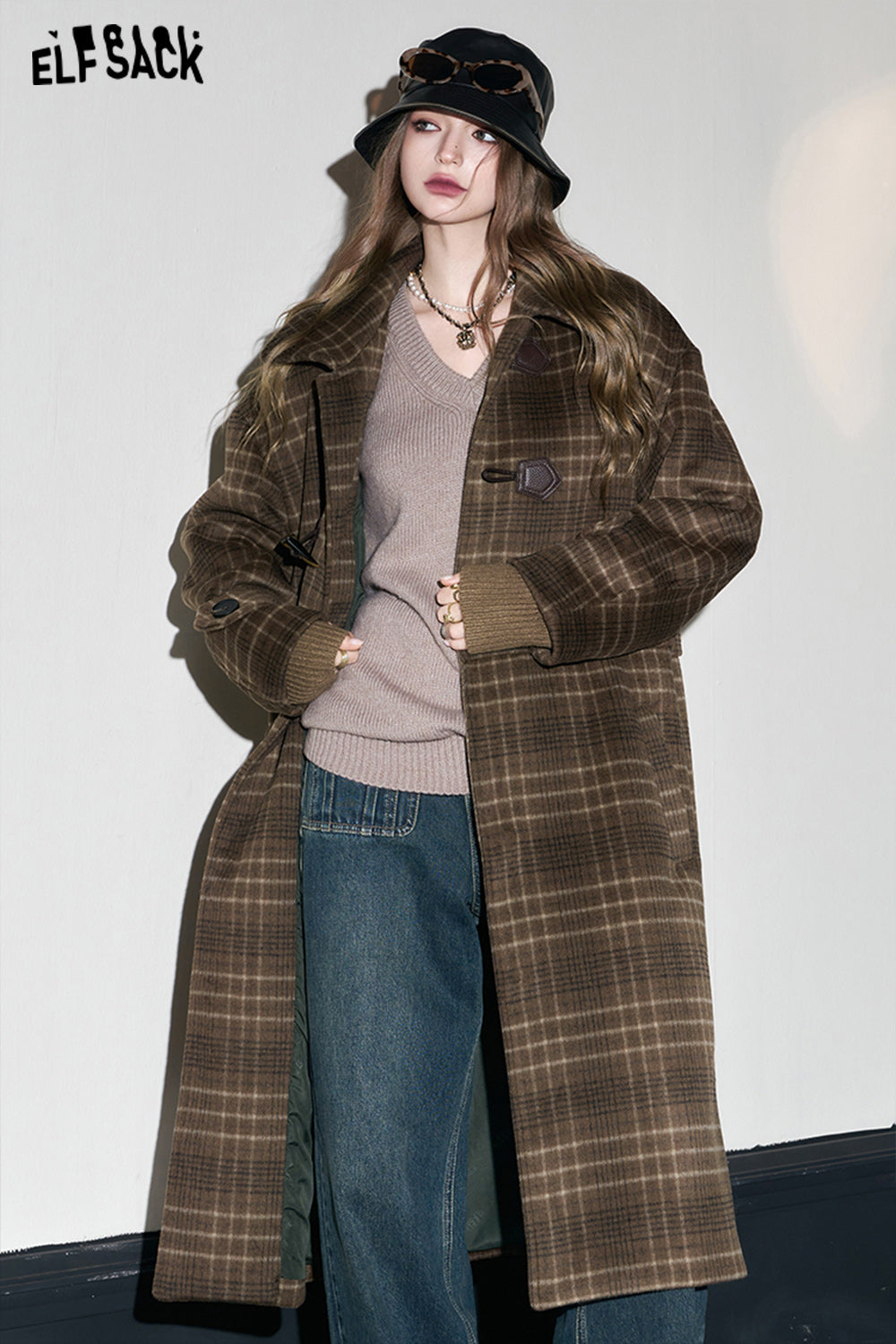 ELFSACK Retro Plaid Warm Wool Coats Women Korean Fashion Long Outwears