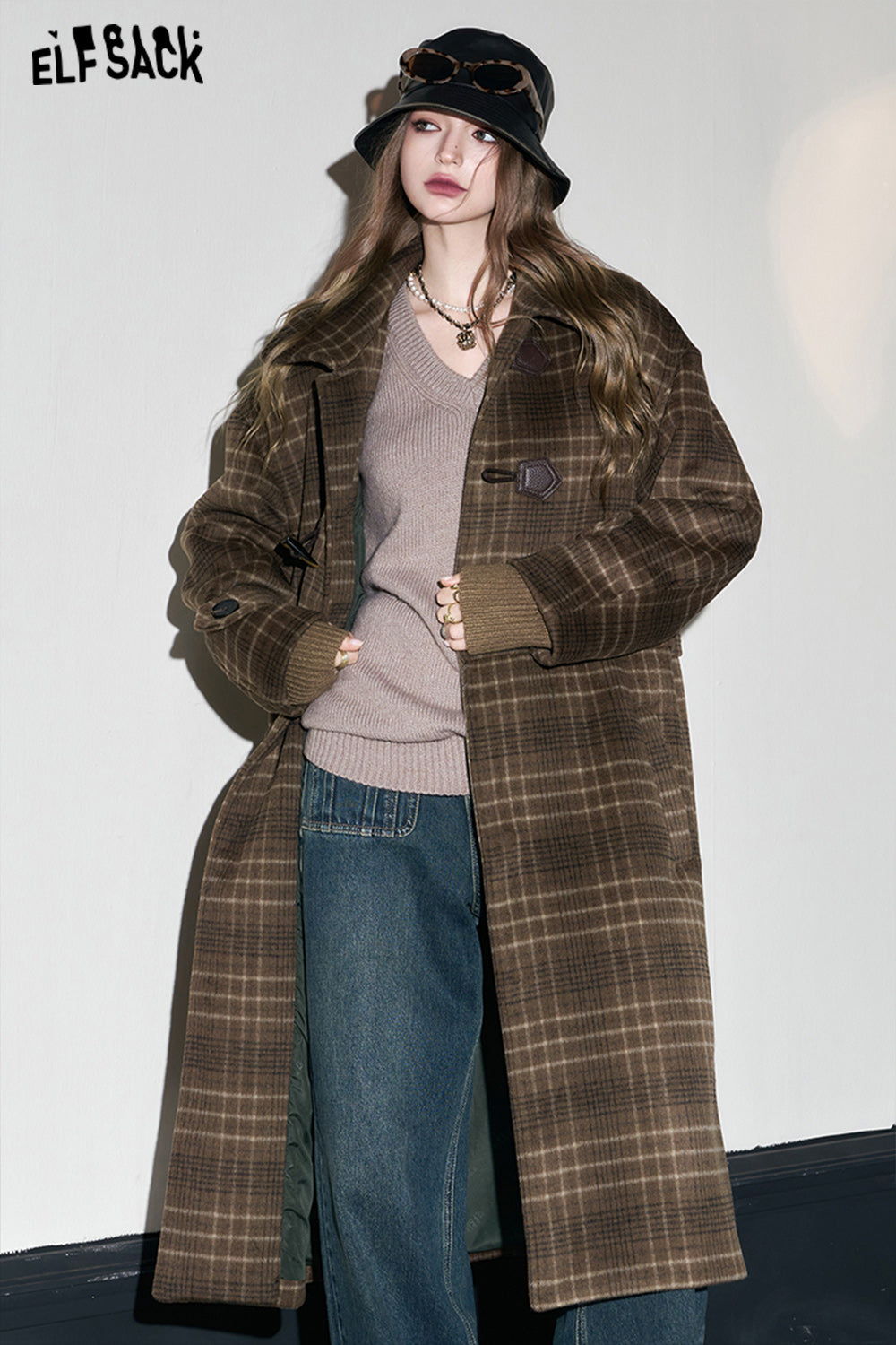 ELFSACK Retro Plaid Warm Wool Coats Women 2023 Winter Korean Fashion Long Outwears