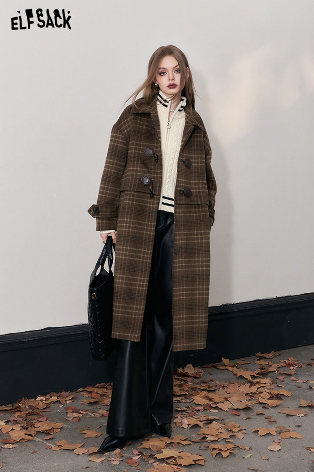 ELFSACK Retro Plaid Warm Wool Coats Women Korean Fashion Long Outwears