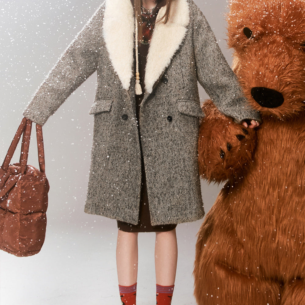 ELFSACK 2000s Korean Fashion Wool Coats Women 2023 Winter Detachable Fur Collar Mid-length Outwears