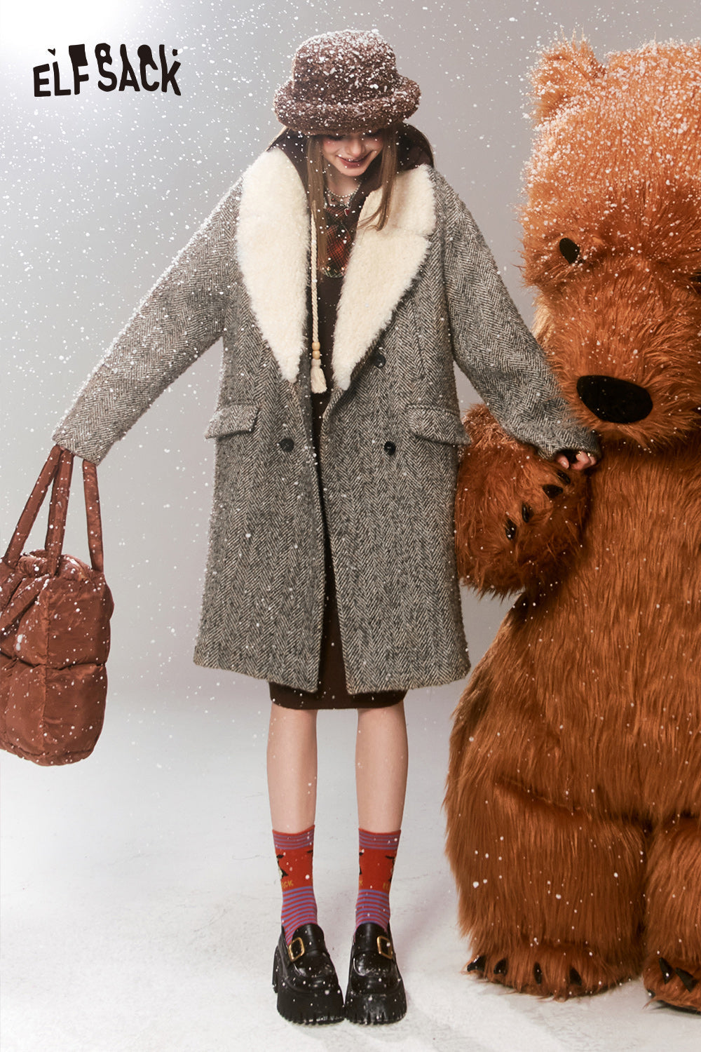 ELFSACK 2000s Korean Fashion Wool Coats Women Detachable Fur Collar Mid-length Outwears