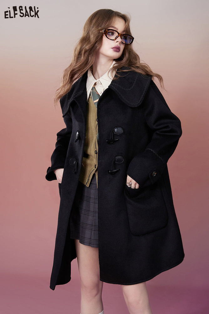 
                  
                    ELFSACK Korean Fashion Horn Button Wool Coats Women 2023 Winter Designer Mid-length Outwear
                  
                