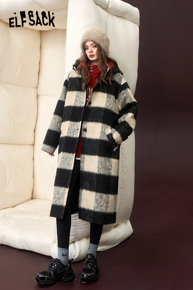 
                  
                    ELFSACK Korean Fashion Hooded Plaid Wool Coats Women 2023 Winter New Plus Size Mid-length Outwears
                  
                