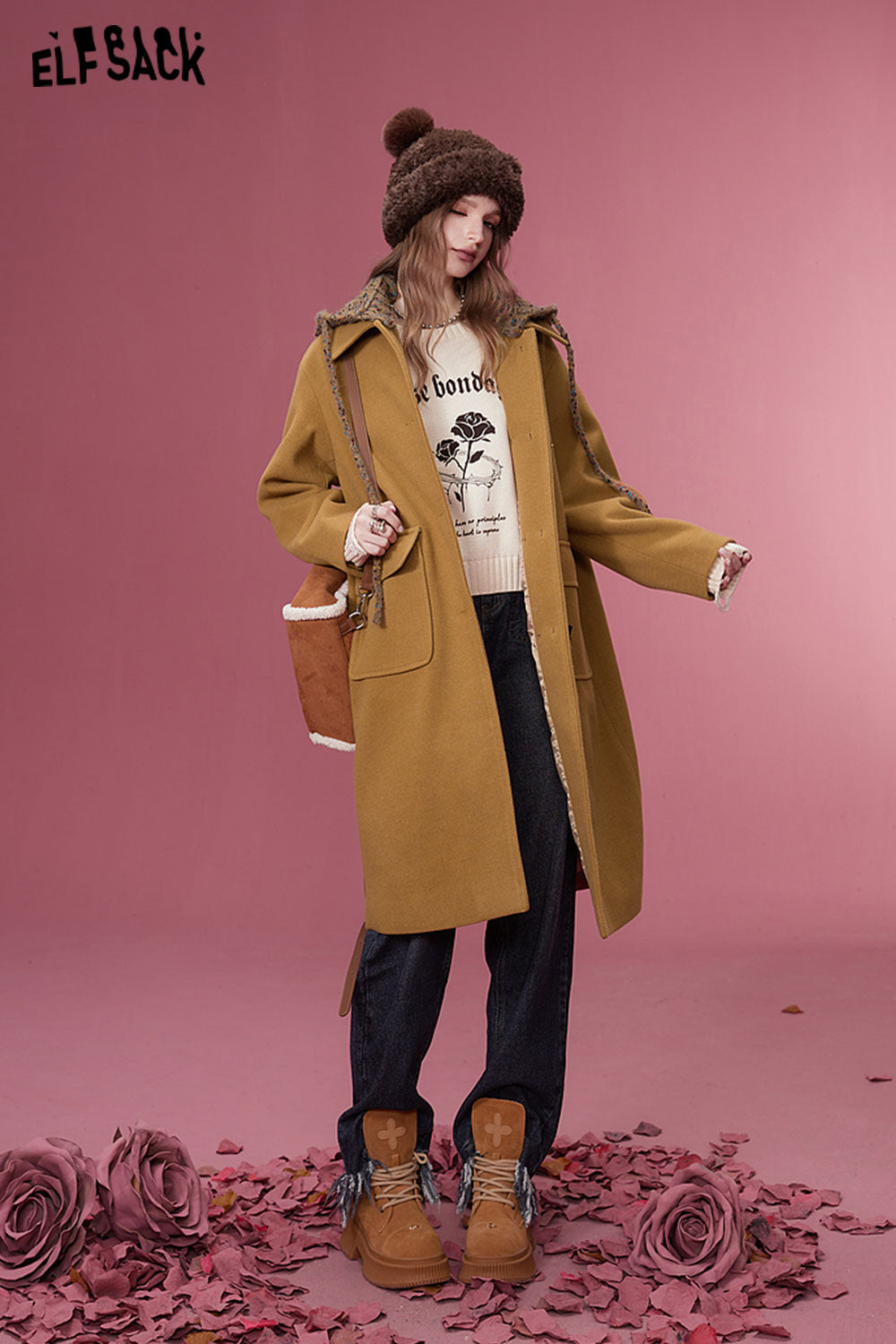 ELFSACK Plus Size Hoodied Coats Women Korean Fashion Mid-length Outwears