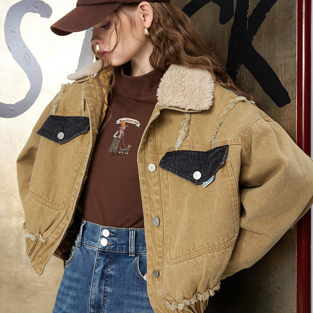 
                  
                    ELFSACK Khaki Denim Cotton Coats Women 2023 Winter Detachable Fur Collar Vintage Warm Jackets
                  
                
