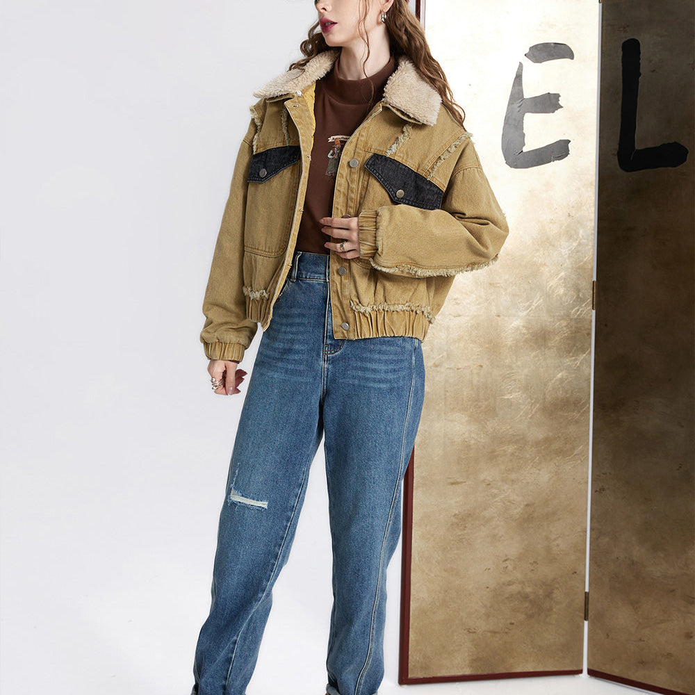 
                  
                    ELFSACK Khaki Denim Cotton Coats Women 2023 Winter Detachable Fur Collar Vintage Warm Jackets
                  
                