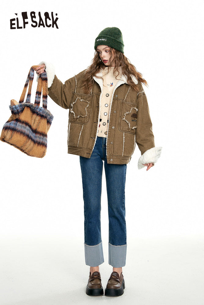 
                  
                    ELFSACK Brown Denim Cotton Coats Women 2023 Autumn/Winter Vintage Warm Jackets
                  
                
