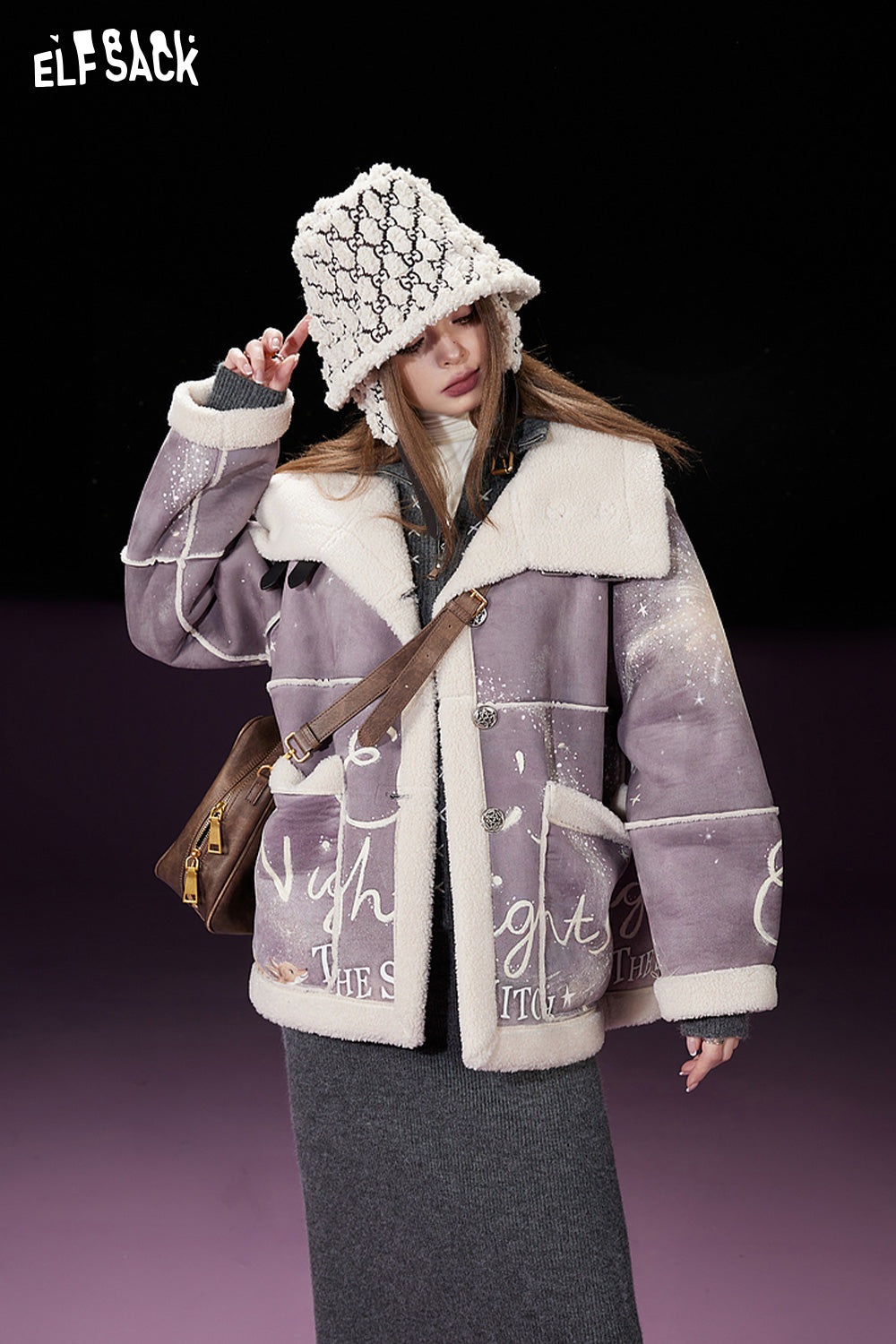 ELFSACK Imitate Chammy Cotton Coats Women Printing Lapel Casual Warm Jackets