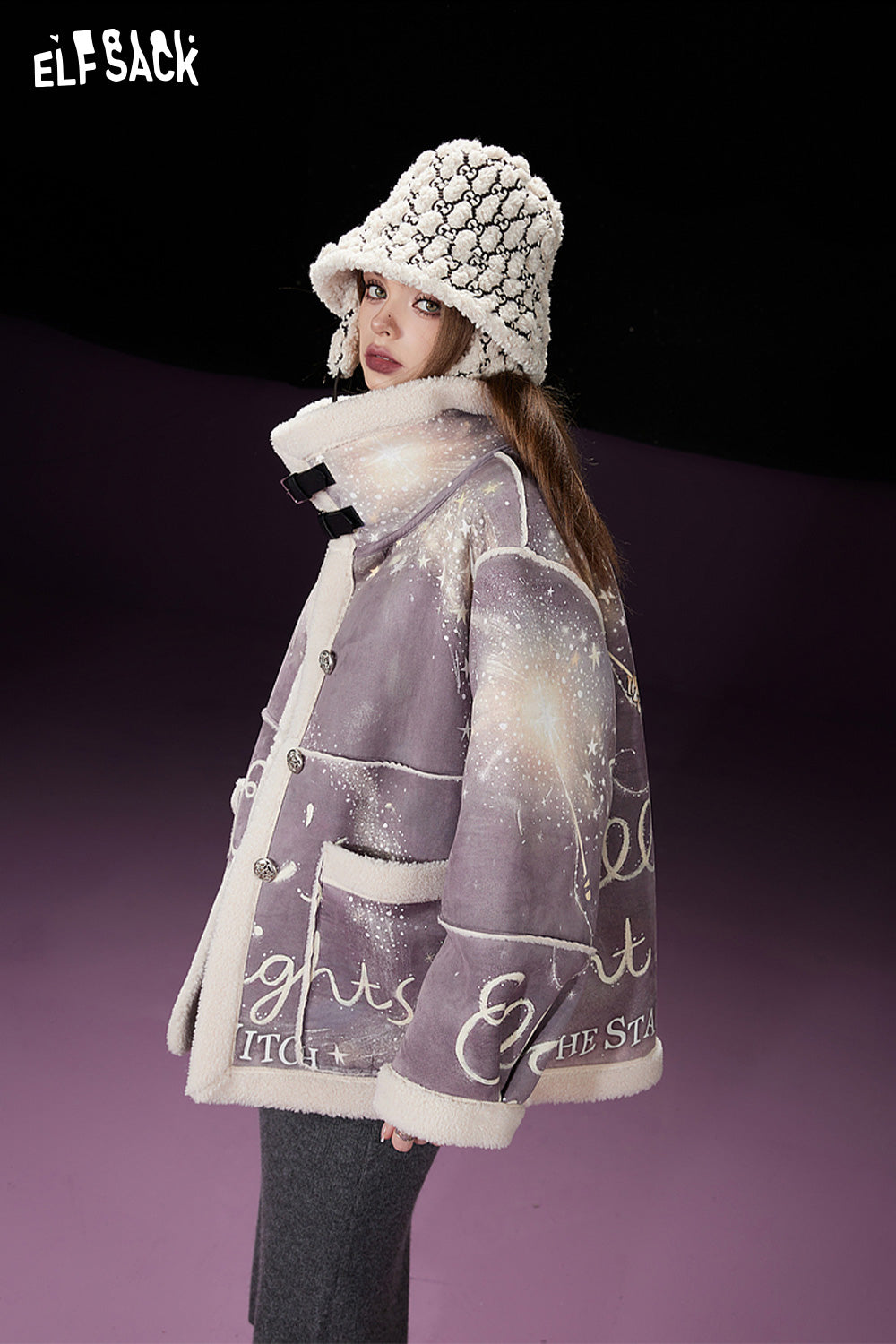 ELFSACK Imitate Chammy Cotton Coats Women Printing Lapel Casual Warm Jackets
